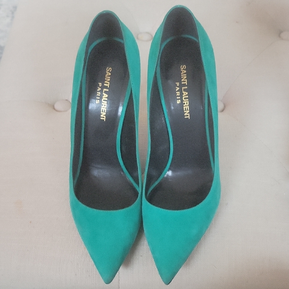 Saint Laurent Green Suede Heels Pointed Toe